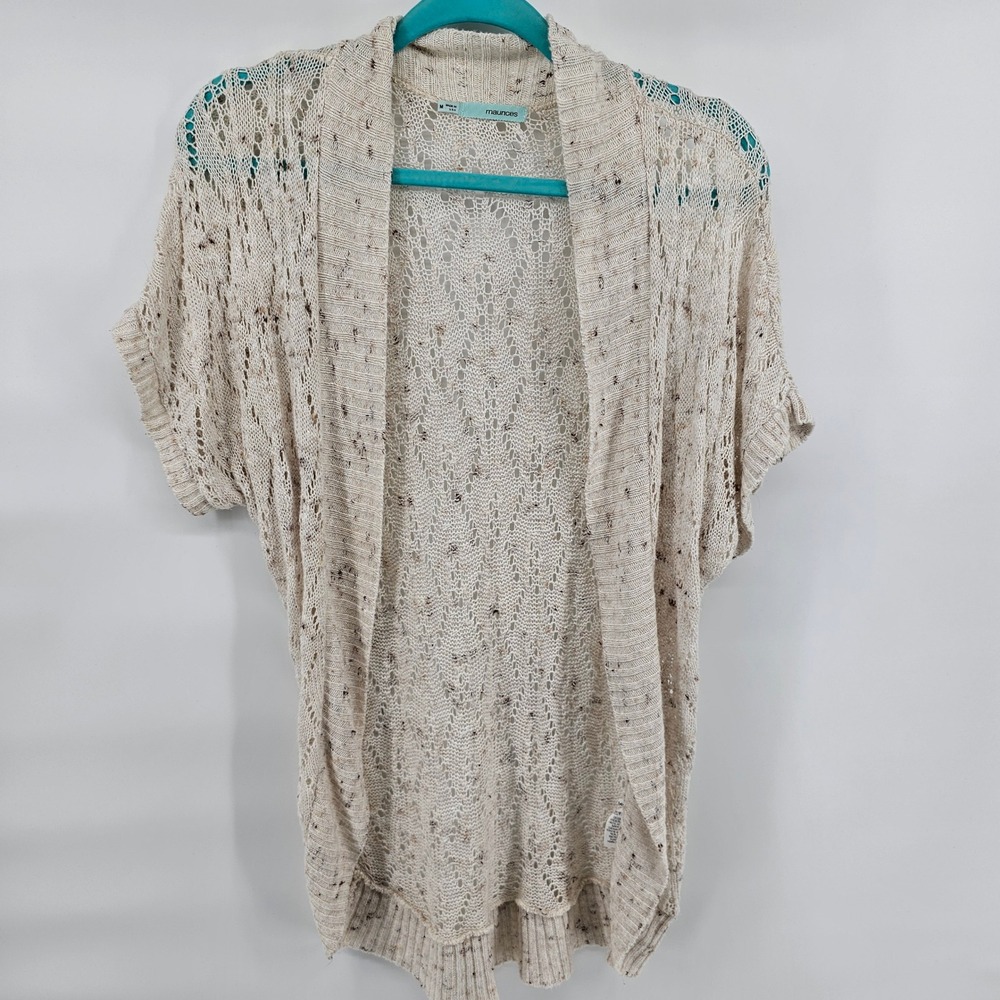 Maurices Cardigan Womens Medium Beige Pointelle Crochet Short Sleeve Open Front